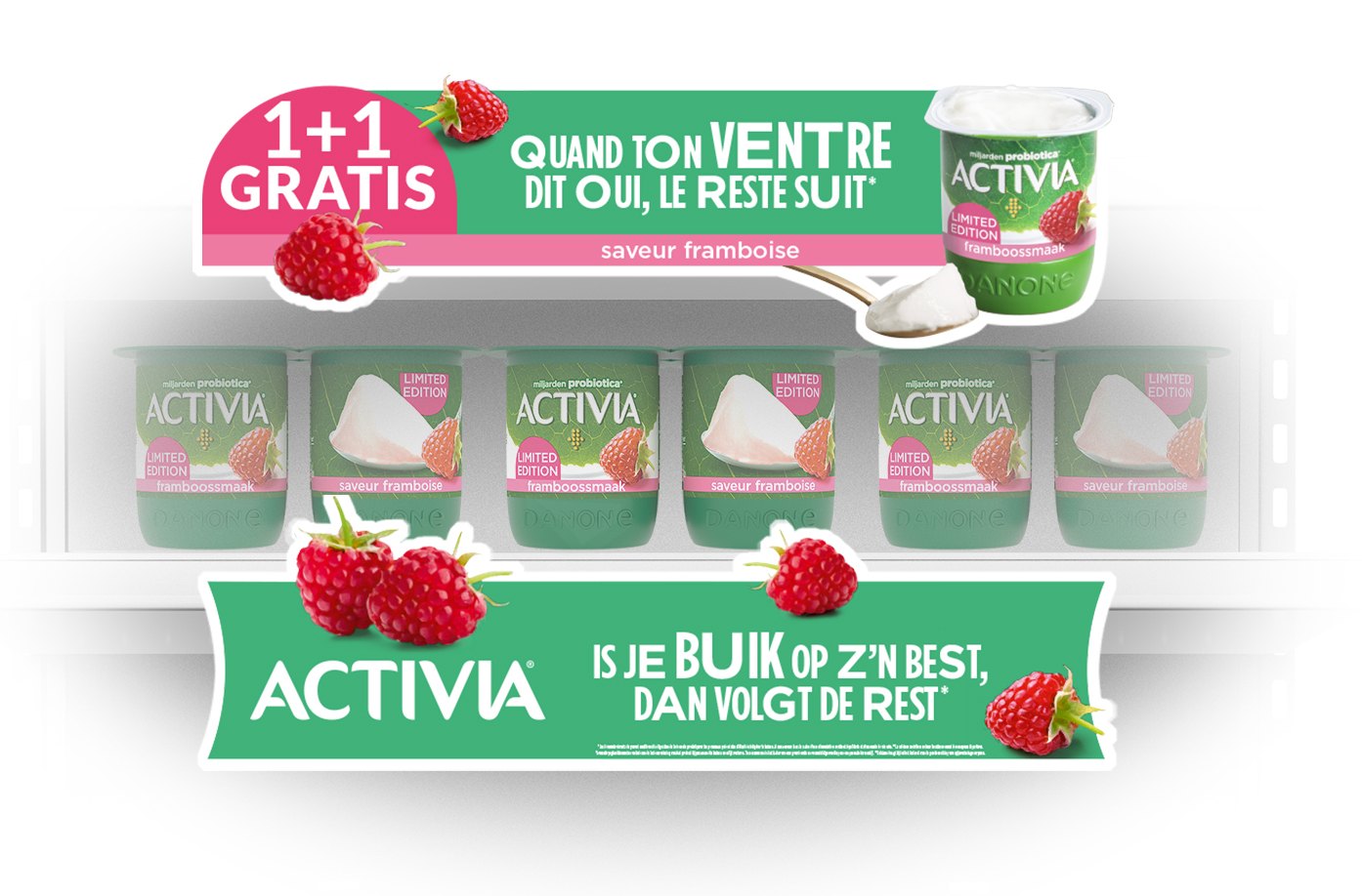 Activia framboise en rayon promotionnel : wobbler 1+1 gratis, stop-rayon et habillage de linéaire