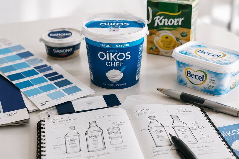 Gammes FMCG en travail : Oikos, Danone, Knorr, nuanciers