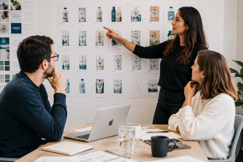 Équipe marketing devant un mur de déclinaisons packaging