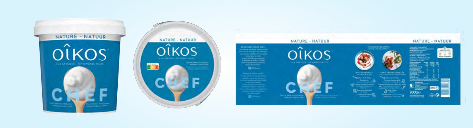 Packaging Oikos Chef : pot, couvercle et sleeve 900 g