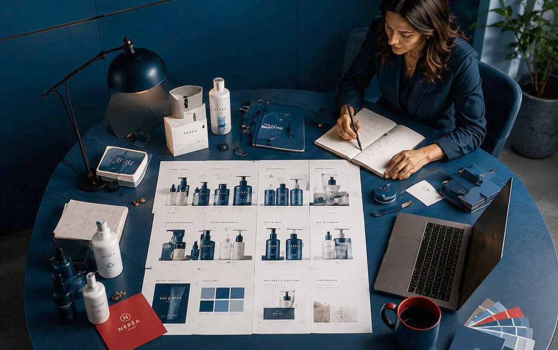 Équipe marketing devant un mur de déclinaisons packaging