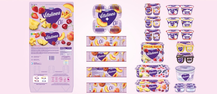 Gamme Vitalinea complète : yaourts aux fruits, fromage frais, Skyr et crèmes dessert, pickups 4/8/12, sleeves et opercules